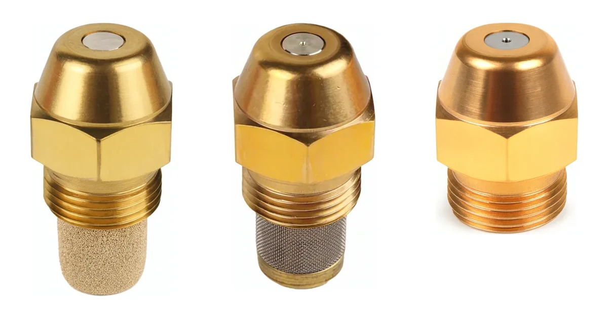 Tres boquillas de gasóleo Danfoss: con filtro de bronce sinterizado, con malla y sin filtro